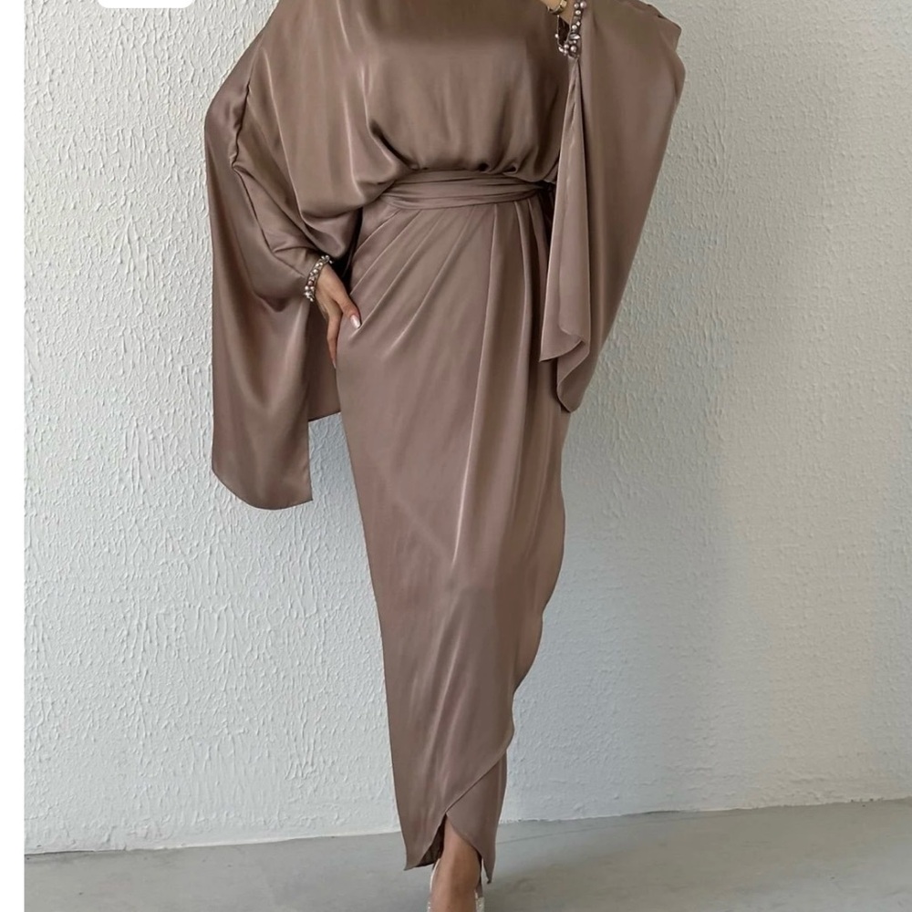 Unique Design Bat Model Satin Modest Evening Dress Dark Mink